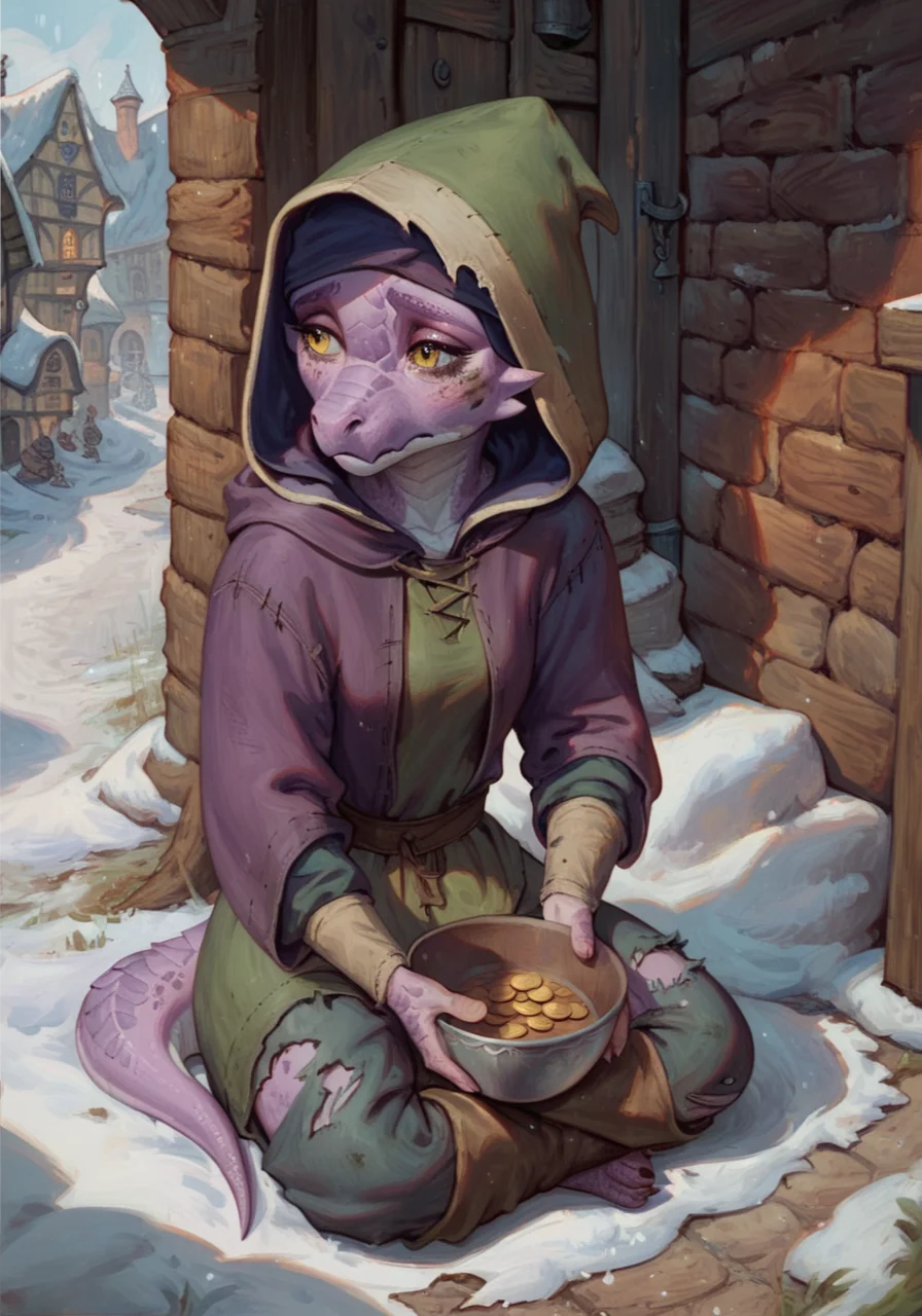 rating_safe, female,tiny chibi kobold beggar, wearing dirty medieval rugs,hooded, hood up ,torn clothes,sitting on ground and begging ,holding small wodden bowl with a single coin in hand ,comedy,detailed scales, dirty medieval pants,purple scales,sad , yellow eyes, snowy weather,solo,medieval fantasy alley in small village background, score_9, score_8_up, score_7_up, score_6_up
<lora:Oil Gothic Painting Style SDXL_LoRA_Pony Diffusion V6:1><lora:cutesexyrobutts_style_xl_goofy:0.9>