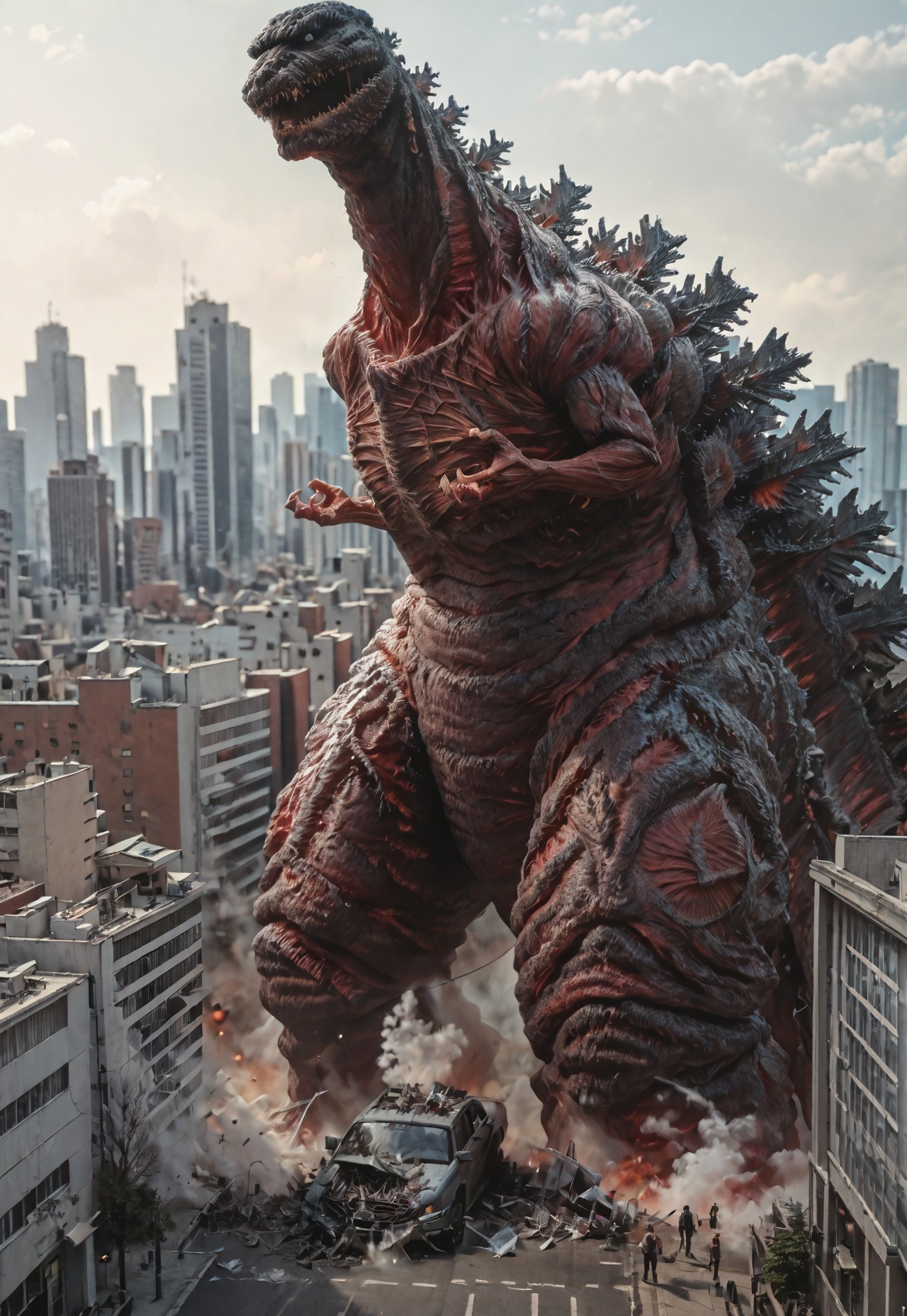 Score_9, score_8_up, score_7_up, score_6_up, zPDXL3, wide shot, monster focus, BREAK, realistic,hyperrealism,ornate,studio photograph, skinny minigiantess shin_godzilla kaijuu,gigantic monster, model_buildinga, model_kit_(medium), city skyline, plastic buildings, forced perspective, blurry background, building, outdoors,