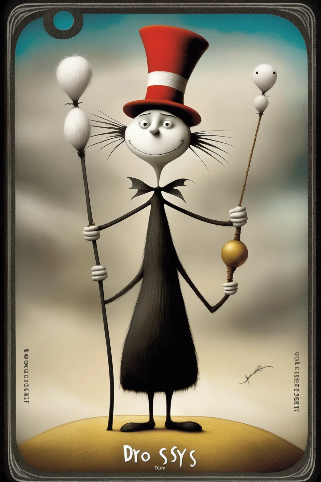 <lora:Dixit Card Generator:1>Dixit Card Generator - strength tarot card by Doug Hyde and Dr. Seuss