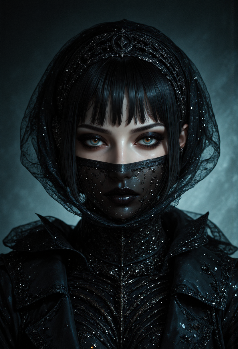 analog film photo A mesmerizing portrait capturing the essence of timeless beauty Photorealistic portrait of a stunning  woman with a delicate, partially obscured face . Her deep, smoky eyes are accentuated by bold, dark kohl eyeliner and dramatic eyeshadow, giving her an intense, mesmerizing gaze. her lower face is obscured by a sheer see through style face veil <lora:FluxMythAn1meL1nes:0.9> An1meL1nes, supernatural , sci-fi gothic, set against a minimalist sci-fi background,  authority and mystique <lora:aidmaImageUpgrader-FLUX-V0.2:0.6>