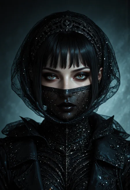 analog film photo A mesmerizing portrait capturing the essence of timeless beauty Photorealistic portrait of a stunning woman with a delicate, partially obscured face . Her deep, smoky eyes are accentuated by bold, dark kohl eyeliner and dramatic eyeshadow, giving her an intense, mesmerizing gaze. her lower face is obscured by a sheer see through style face veil <lora:FluxMythAn1meL1nes:0.9> An1meL1nes, supernatural , sci-fi gothic, set against a minimalist sci-fi background, authority and mystique <lora:aidmaImageUpgrader-FLUX-V0.2:0.6>