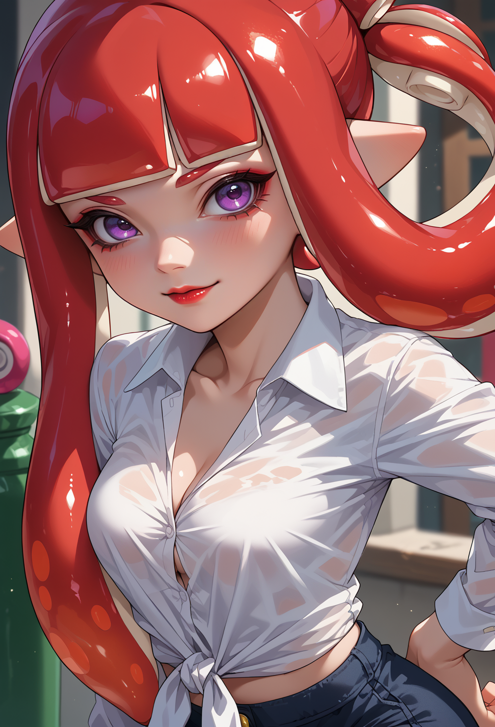 score_9, score_7_up, source_anime, BREAK <lora:SplatoonInkling_PD_v030:1> splatoon inkling, tentacle hair, mask, tied shirt, long sleeves, pantyhose under shorts,, seductive smile, red lips, 1girl, purple eyes, red hair, blunt bangs, low hair rings, medium breasts,