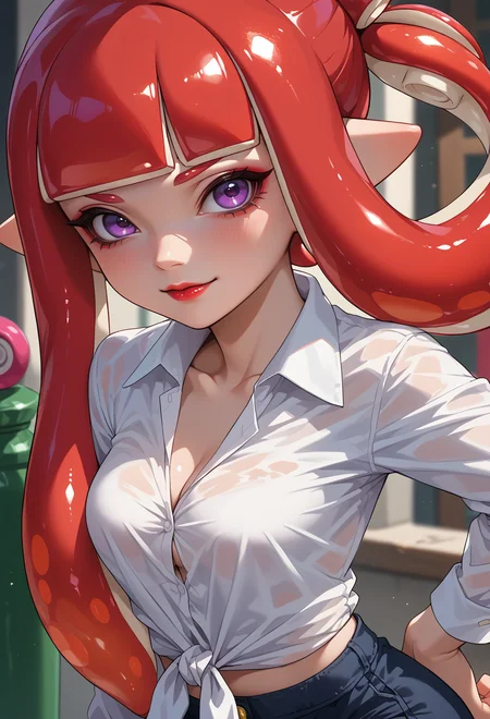 score_9, score_7_up, source_anime, BREAK <lora:SplatoonInkling_PD_v030:1> splatoon inkling, tentacle hair, mask, tied shirt, long sleeves, pantyhose under shorts,, seductive smile, red lips, 1girl, purple eyes, red hair, blunt bangs, low hair rings, medium breasts,