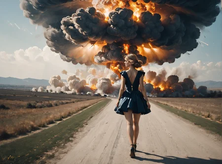 score_9, score_8_up, score_7_up, Environmental scene, character off to side, looking away view, straddling object, 1woman, pale skin, medium breasts, lollita dress, black dress, lollita fashion accessories, red details, Shoulder length hair, unnatural haircolor, <lora:Nuclear_Explosion:1> Nuclear Explosion, Blue Nuke, Nuclear Explosion in the Background,highly detailed