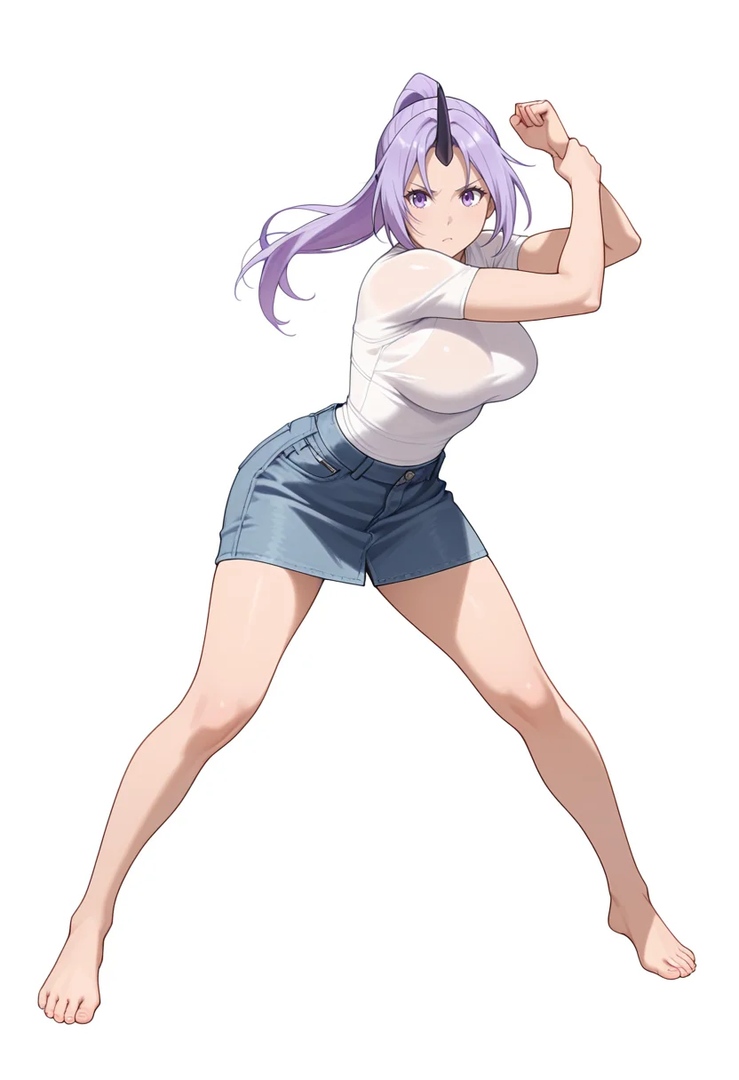 Smooth Quality,masterpiece,very intricate, high quality details, ultra realistic, high detailed skin,detailed enviorement,absurdres,
simple background, white background,
front view,standing pose, arms akimbo, feet slightly apart, determined expression, balanced posture, ,v-shaped eyebrows,
compression shirt, ,see-through shirt, ,denim skirt, ,
<lora:Shion_cnr:0.8> shion_cnr, 1girl, purple hair, long hair, ponytail, large breasts, single horn,