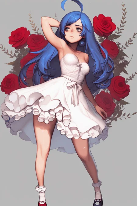 score_9, score_8_up, score_7_up, 1girl, head down, looking away, puzzled, dark_blue hair, round_fringe, messy_hair, dark_grey eyes, breasts, , strapless dress, sheer, lace, frills, ribbon, hair bobbles, bobby socks, Rose_Champagne \(flower\), floral background, hands_behind_head, drama layer, sidelighting <lora:destiny_c_PonyXL_style_v02.07.01.10.05:1>