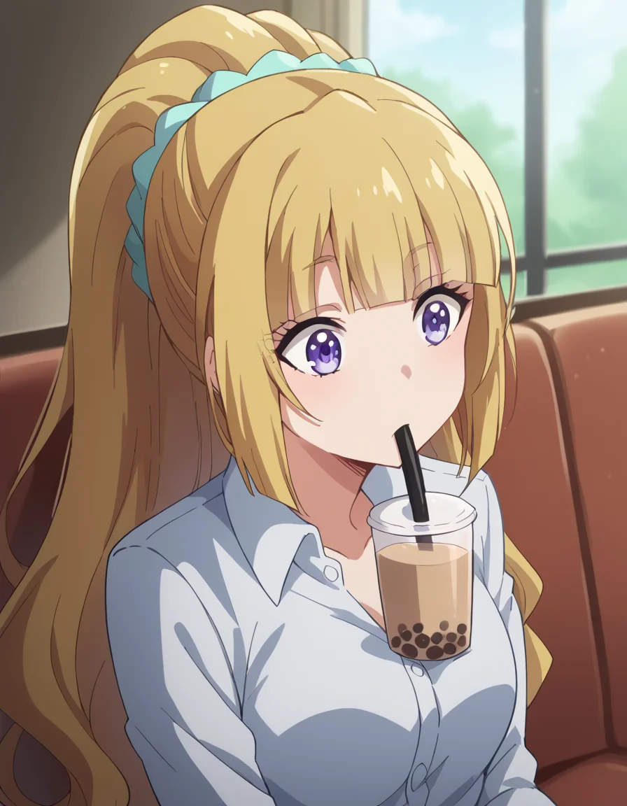score_9, score_8_up, score_7_up, source_anime, keikaruizawa, <lora:kei-karuizawa-anime-s2-ponyxl-lora-nochekaiser:1>, kei karuizawa, long hair, bangs, blunt bangs, purple eyes, blonde hair, hair ornament, ponytail, scrunchie, blue scrunchie,, <lora:bubble-tea-challenge-ponyxl-lora-nochekaiser:1>, bubble tea challenge, bubble tea, object on breast, drinking straw, drinking straw in mouth, drinking, cup,, indoors, sitting, looking down,, cowboy shot, dutch angle,