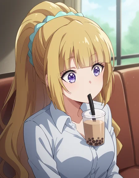 score_9, score_8_up, score_7_up, source_anime, keikaruizawa, <lora:kei-karuizawa-anime-s2-ponyxl-lora-nochekaiser:1>, kei karuizawa, long hair, bangs, blunt bangs, purple eyes, blonde hair, hair ornament, ponytail, scrunchie, blue scrunchie,, <lora:bubble-tea-challenge-ponyxl-lora-nochekaiser:1>, bubble tea challenge, bubble tea, object on breast, drinking straw, drinking straw in mouth, drinking, cup,, indoors, sitting, looking down,, cowboy shot, dutch angle,