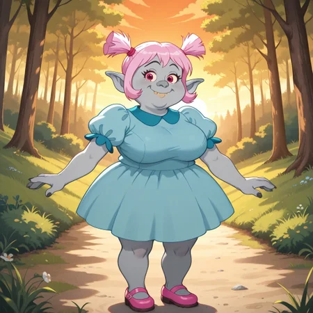 score_9, score_8, BREAK, solo, Bridget, 1girl, solo, gray skin, large pointed ears, pink hair, pigtails, blue dress, puffed sleeves, pink shoes, adult female, mature female, big breasts, sexy pose, self portrait, smile, looking at viewer, outdoors, sunlight, shadows, evening lighting, natural lighting, forest, trees, grass, orange sky, sunset