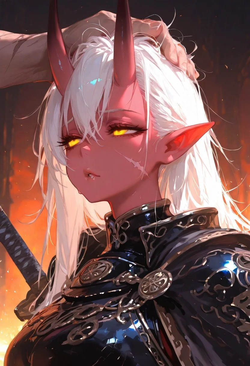 masterpiece, best quality, good quality, newest, highres, absurdres, uncensored,
BREAK
detail background, very awa, absolutely eye-catching, (beautiful face),
BREAK
amazing quality, best quality, ultra-detailed, 8K, illustration, CG, ultra-detailed-eyes, cute girl, eyelashes
BREAK
(sexy, slutty, hot, aroused)
Aka-Oni, oni, colored skin, red skin, straight horns,
BREAK
oil painting (medium), 1girl, soft lips, glossy lips, pointy ears, detailed eyes, glowing eyes, muscular woman, armor, cape, leather armor, scar, scars on face, white hair, long hair, messy hair, black armor, black leather, hair slicked back, hand on head, sword,