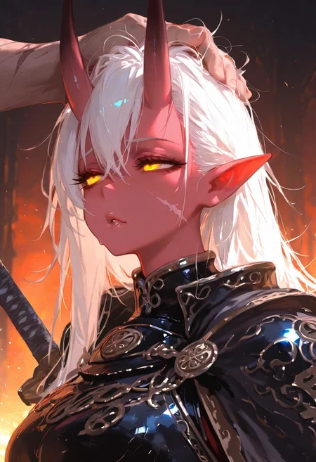masterpiece, best quality, good quality, newest, highres, absurdres, uncensored,
BREAK
detail background, very awa, absolutely eye-catching, (beautiful face),
BREAK
amazing quality, best quality, ultra-detailed, 8K, illustration, CG, ultra-detailed-eyes, cute girl, eyelashes
BREAK
(sexy, slutty, hot, aroused)
Aka-Oni, oni, colored skin, red skin, straight horns,
BREAK
oil painting (medium), 1girl, soft lips, glossy lips, pointy ears, detailed eyes, glowing eyes, muscular woman, armor, cape, leather armor, scar, scars on face, white hair, long hair, messy hair, black armor, black leather, hair slicked back, hand on head, sword,