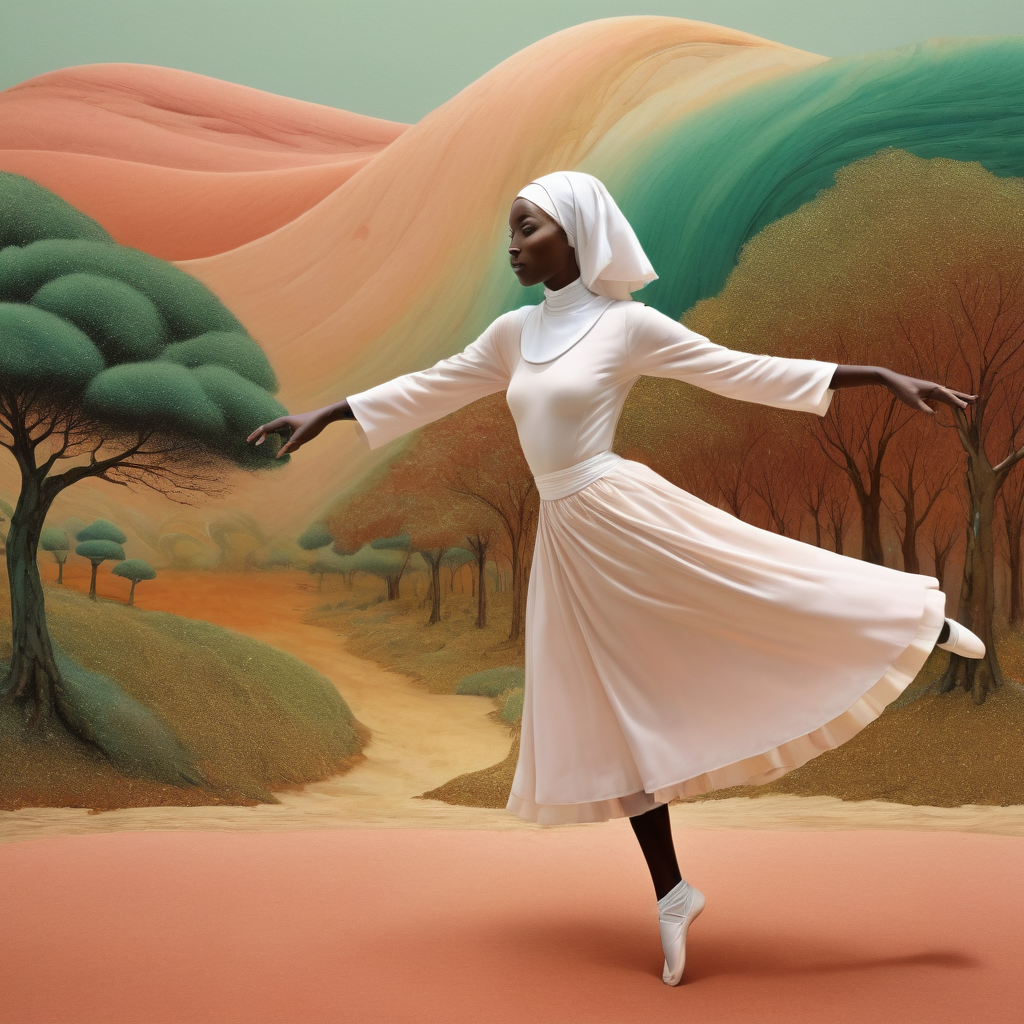 Post-Impressionism photo of a xlmrblng15-1300 Kenyan nun playing with a ballerina in a fantasy Asian countryside landscape