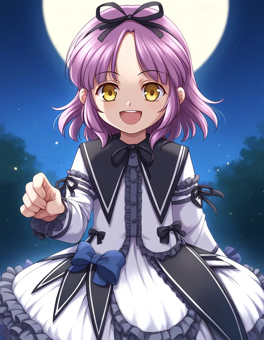 score_9, score_8_up, score_7_up, source_anime, rating_explicit, BREAK <lora:Renne_Bright_XL:1> Renne_Bright, purple hair, medium hair, yellow eyes, hair ribbon, black ribbon, short stack,
1girl, solo, smile, ribbon, dress, bow, frills, white dress, skirt, long sleeves, open mouth,
night, full moon,
smile,
looking at viewer,
cowboy_Shot,
