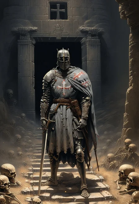 The painting shows the entrance to the crypt, in the gray wall of the mountain. The entrance is framed by wide stone carvings. A large and tall massive wooden door is open and a crowd of skeletons in various decayed military equipment peeks out from behind the threshold. The skeletons reach out to the figure of a warrior standing on the path to the entrance to the crypt. The warrior stands with his back to the viewer. The warrior is wearing gray, half-decayed armor, a sword in his right hand, and a broken shield in his left hand. On both sides of the path lie individual bones and several skulls. A thin ghostly haze spreads across the ground. Faded gray colors. Scattered light. Close-up. Focus on the warrior and the entrance to the crypt. Best quality, masterpiece,