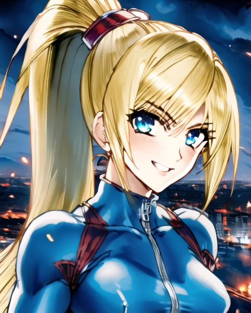 masterpiece, best quality, 1girl, solo, thegoldensmurf-8100, (samus aran), (blonde hair), (blue eyes), ((portrait)), perfect face, ((cityscape)), ((zero suit)), ponytail, bright colours, ((((night)))), street fighter, upper body, ((small breasts)), epic, ((realistic))