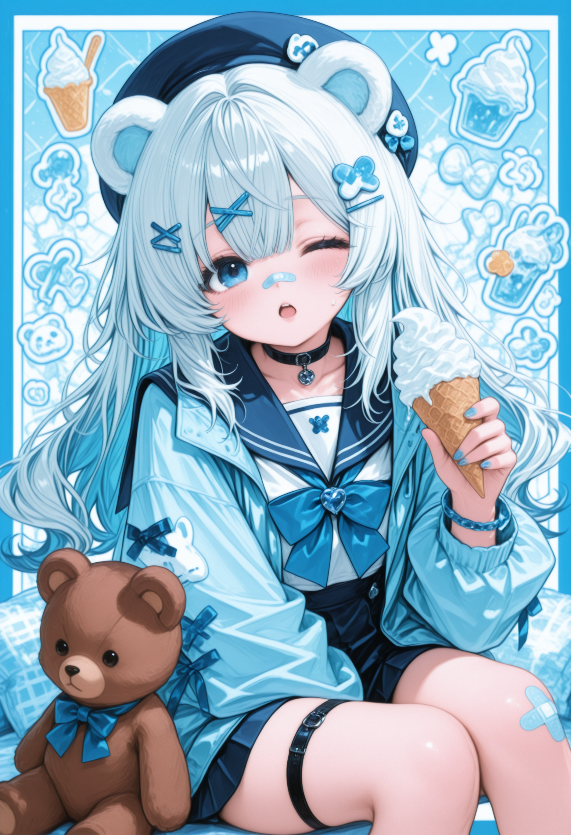 ,1girl, solo, long hair, looking at viewer, blush, open mouth, blue eyes, hair ornament, hat, holding, animal ears, jewelry, sitting, blue hair, jacket, white hair, multicolored hair, food, one eye closed, choker, hairclip, sailor collar, nail polish, bracelet, thigh strap, blue bow, blue sailor collar, bandaid, blue nails, teddy bear, blue theme, ice cream, bandaid on face, bear ears, bandaid on nose, bear, crossed bandaids, bear girl, blue border,,masterpiece,best quality,newest,absurdres,highres,very awa,detail background 