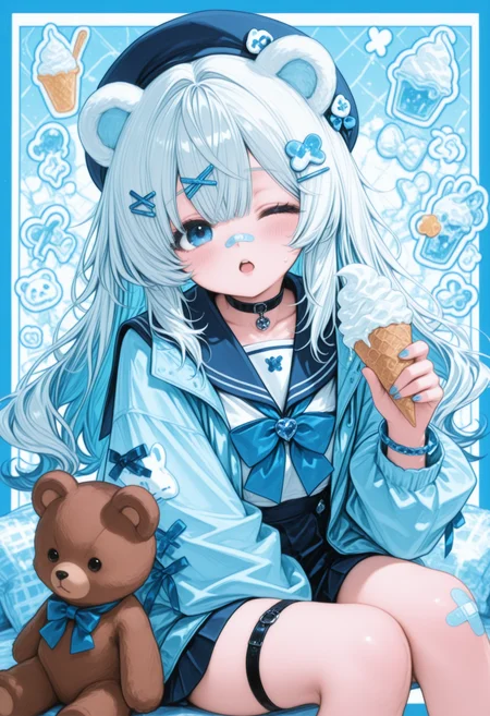 ,1girl, solo, long hair, looking at viewer, blush, open mouth, blue eyes, hair ornament, hat, holding, animal ears, jewelry, sitting, blue hair, jacket, white hair, multicolored hair, food, one eye closed, choker, hairclip, sailor collar, nail polish, bracelet, thigh strap, blue bow, blue sailor collar, bandaid, blue nails, teddy bear, blue theme, ice cream, bandaid on face, bear ears, bandaid on nose, bear, crossed bandaids, bear girl, blue border,,masterpiece,best quality,newest,absurdres,highres,very awa,detail background 