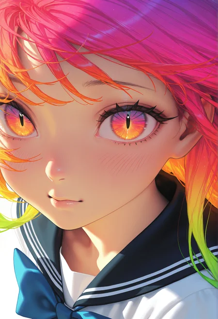 1girl, solo, close-up, looking at viewer, expressive eyes, sharp eyelashes, long flowing hair, detailed hair strands, colorful gradient hair, natural skin tone, faint blush, small nose, soft lips, calm expression, school uniform, sailor collar, blue bow, white blouse, clean background, soft lighting, cinematic light, soft shadows
ILXLpos,