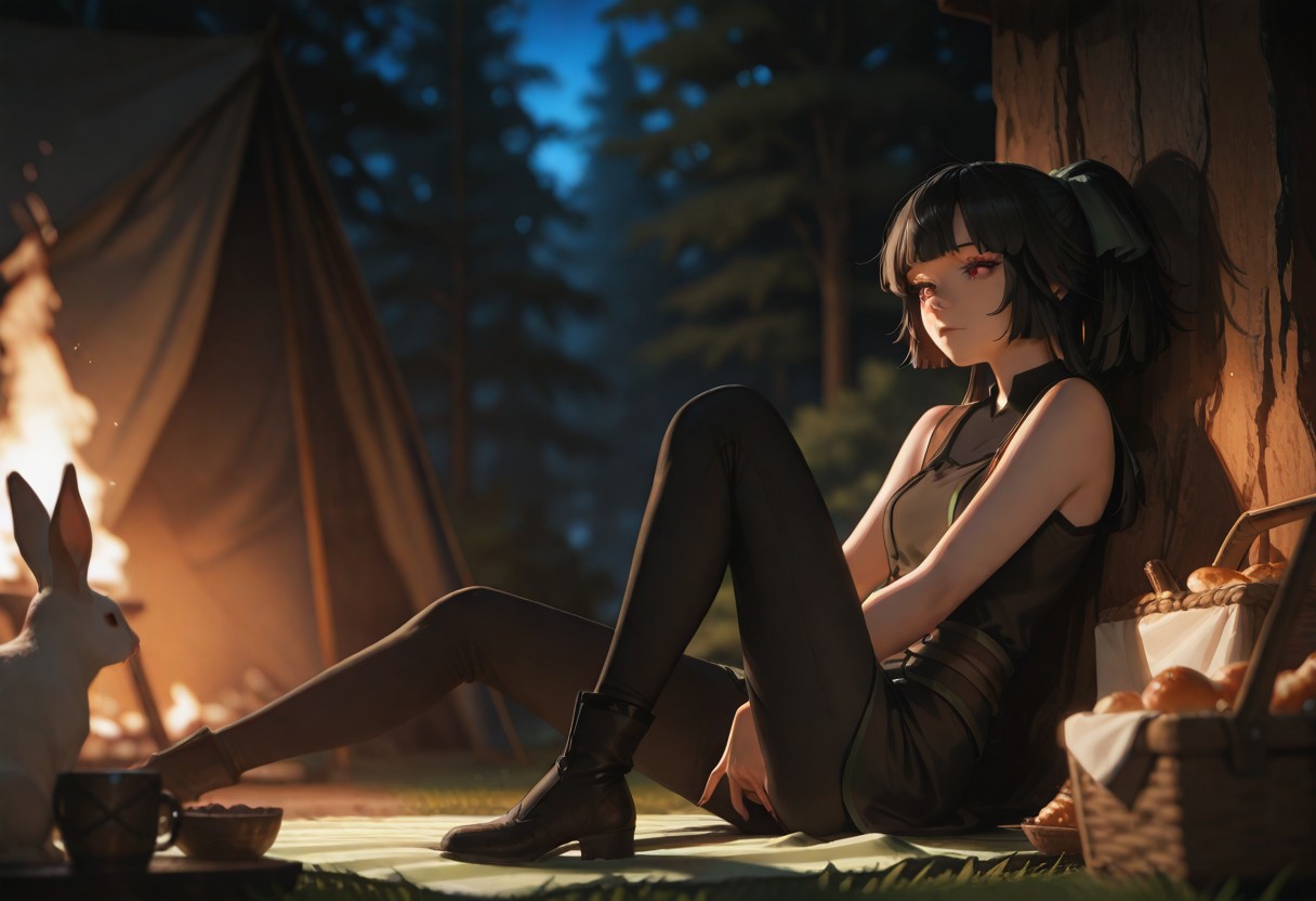 masterpiece, ultra-HD, cinematic lighting, photorealistic, impressionism (1.5), high detail, depth of field, (blurred background), (dramatic lighting),masterpiece, best quality, very aesthetic, , 8k,,masterpiece, ultra-HD, cinematic lighting, photorealistic, impressionism (1.5), high detail, depth of field, (blurred background), (dramatic lighting),masterpiece, best quality, very aesthetic,8k,masterpiece, best quality,realistic, masterpiece, best quality, 8k, , simple_background, 1girl, solo, beautiful eyes, big eyes, detailed eyes, Enchanting Eyes, perfect body, (sexy, slutty, hot) BREAK flirting:2.0, jasmine flamesworth,black hair, ponytail, long hair, hair ribbon, green ribbon, red eyes,  small breasts,sleeveless shirt, black shirt, brown belt, black pants, short boots, black boots,, lift skirt, fingering herself,resting in a camp at a halt, torch, picnic basket,picnic towel, food,night,spying by rabbits, many rabbits spy