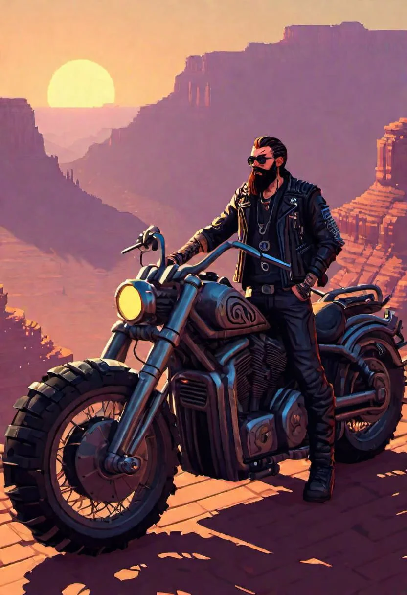 tired bearded biker in a outlaw biker outfit, tattoos, standing in front of a brutal oversized futuristic dieselpunk motorbike with many exhaust pipes at the rest area, Grand Canyon view on the background, sunset, autumn, game art, pixel art, lucasarts adventure game. lcas artstyle <lora:Lucasarts Artstyle - (Trigger is lcas artstyle):1>, pixelart, EGA graphics