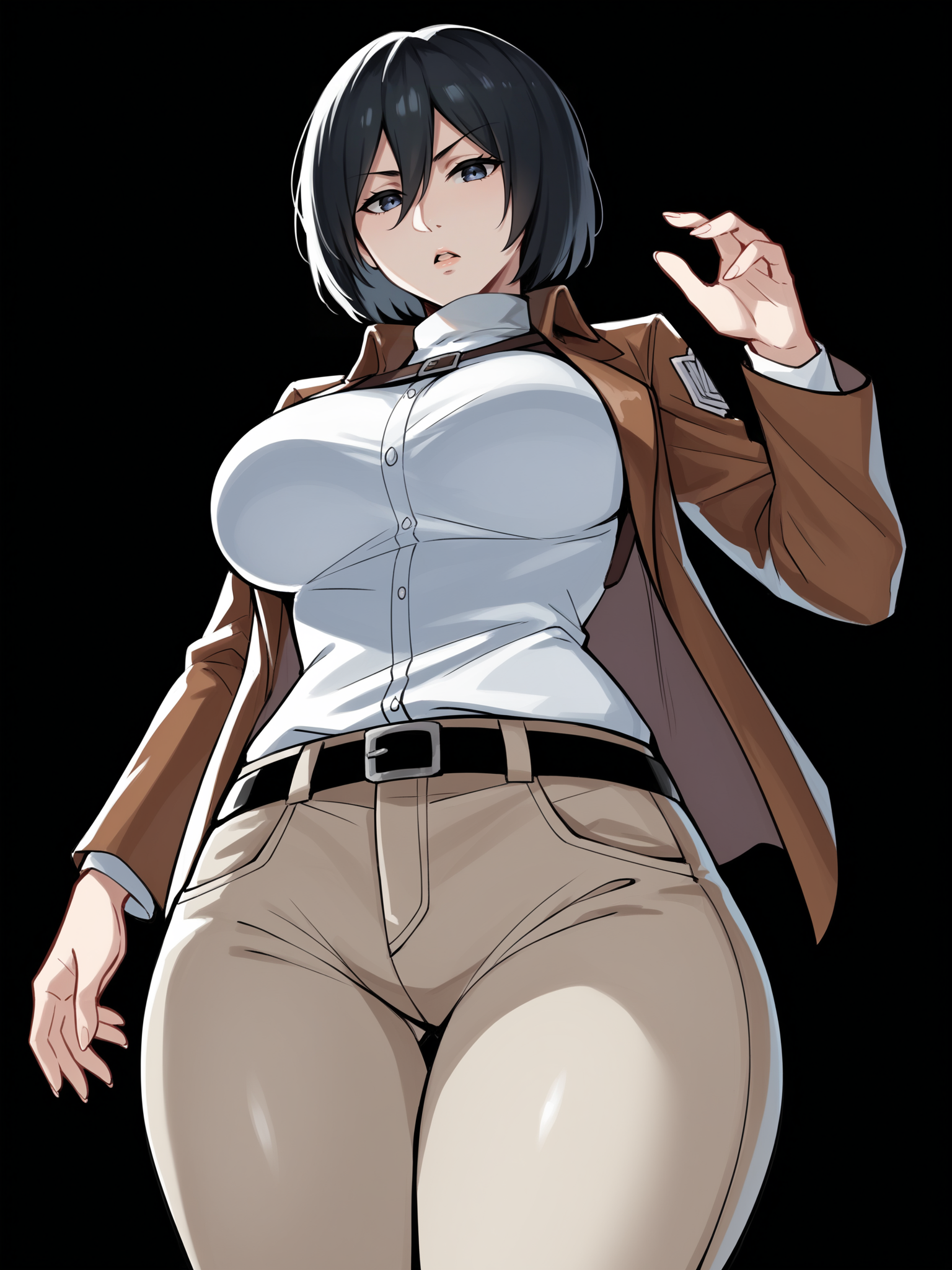 score_9, score_8_up, score_7_up, score_6_up, score_5_up, score_4_up,
BREAK
1girl, mikasa ackerman,
BREAK
solo, standing, thick thighs, thigh gap, brown jacket, brown pants, large breasts,
BREAK
black background, simple background, angled shot, dynamic pose, dynamic angle, <lora:Lunas-Artsheops-SDXL-A1:1>