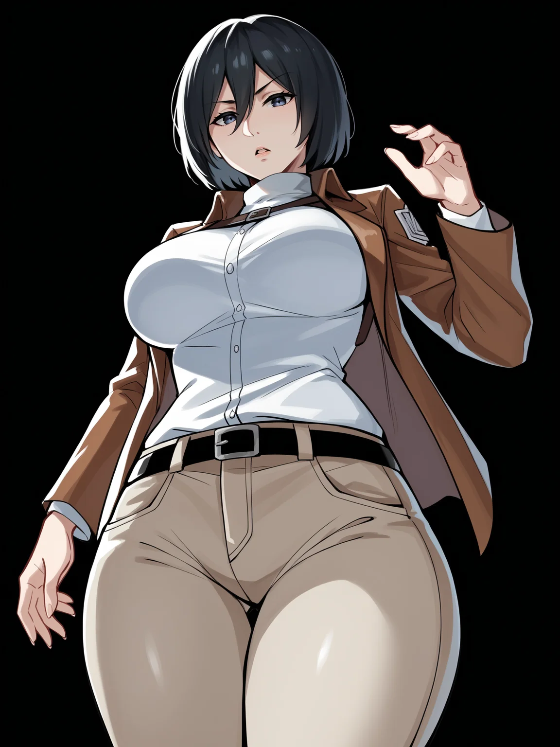 score_9, score_8_up, score_7_up, score_6_up, score_5_up, score_4_up,
BREAK
1girl, mikasa ackerman,
BREAK
solo, standing, thick thighs, thigh gap, brown jacket, brown pants, large breasts,
BREAK
black background, simple background, angled shot, dynamic pose, dynamic angle, <lora:Lunas-Artsheops-SDXL-A1:1>