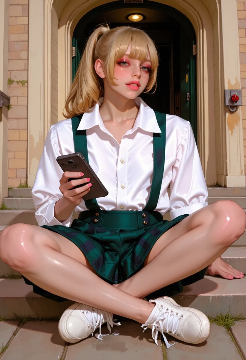 She looks left to the camera, holding her iPhone, sitting cross-legged in front of a stately gothic building, wearing a shortened pleated dark green plaid school uniform skirt to mid-thigh, and a tight white button-down shirt worn in a subtly suggestive fashion, with an alluring youthful happy expression, showing her perfect teeth and charming smile, and warm eyes behind her signature eyeglasses. The entire image is in sharp focus.  her skater sneakers and high ponytail are idiosyncratic. glasses, blonde hair