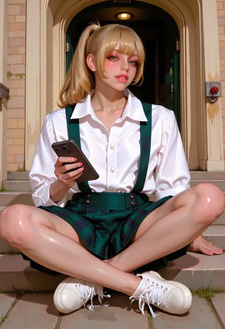 She looks left to the camera, holding her iPhone, sitting cross-legged in front of a stately gothic building, wearing a shortened pleated dark green plaid school uniform skirt to mid-thigh, and a tight white button-down shirt worn in a subtly suggestive fashion, with an alluring youthful happy expression, showing her perfect teeth and charming smile, and warm eyes behind her signature eyeglasses. The entire image is in sharp focus. her skater sneakers and high ponytail are idiosyncratic. glasses, blonde hair