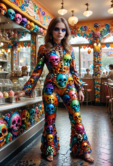 <lora:20th_Century_fashions_-_1970s_Psychedelic_style:0.3> 1girl wearing 1970s psychedelic fashion <lora:Colorful_Murano_Art_Glass_style_-_SDXL:0.5> an old-fashioned ice-cream parlor, multicolored murano art style <lora:Colorful_Skulls_-_World_Morph:0.8> multi-colored glass bell-bottoms made of skulls,