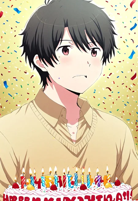 high resolution, solo, best quality, 1Boy, Inaho Kaizuka, Black Hair, surprisde, birthday surprise, OverallDetail