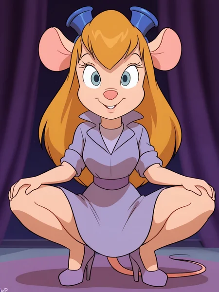 <lora:Gadget_HackwrenchIL:0.8> ga_ha, 1girl, blue eyes, long hair, animal ears, mouse, welder glasses on head, tail,
looking at viewer, squatting, front view, spreading legs, platform high heels