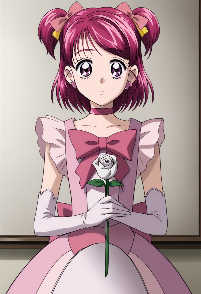 masterpiece_portrait, high quality, canvas, anime_art_style, cartoon, yes precure 5, yumehara nozomi, 1girl, flower, two side up, gloves, solo, pink hair, bow, rose, choker, elbow gloves, dress, eyelashes, white rose, short hair, pink bow, pink eyes