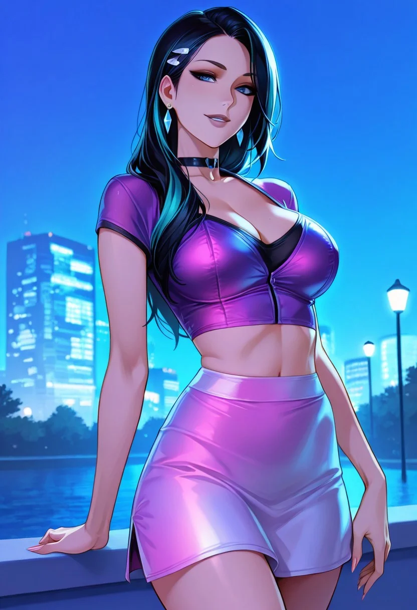 score_9,score_8_up,score_7_up,extremely detailed, sharp focus, HD, cinematic light, 1girl, solo, Mature Women, goddess, elite, rich bitch, seductive, hourglass body, fit body, slim, perfect body, thick but slim,
allout, kasa, short hair, multicolored hair, long hair, hair ornament, earrings, collar,
2p13cE_CFH outfit, crop top, short skirt, low-waisted skirt, purple outfit, pink outfit, gradient outfit,
outside, park, night, dark, walk, streetlights,
happy, relaxed, date,
masterpiece, high score, great score, absurdres, mamaxholic