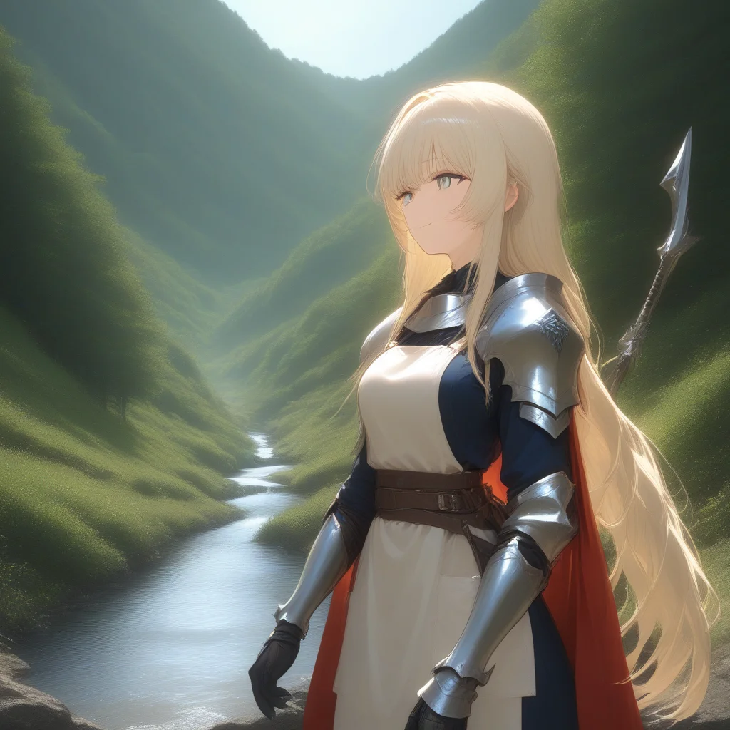 1girl, platinum blonde hair,1girl, natural clothing, armor, gauntlet, cape, long hair, outdoors, solo, scenery, nature, apron, village, river, soft light, sharp focus,