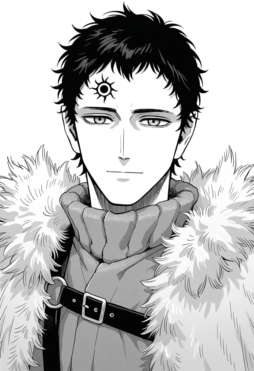 score_9, score_8_up, score_7_up, ((solo)), manga, black and white, lineart, lines, monochrome, adult, man, man on his 40s, lucius zogratis, messy short hair, forehead mark, furry robe, straps, fur cape, fur mantle, middle body, neutral smile, ((thinking expression, serious, closed mouth, relaxed)), flat colors, emphasis lines,