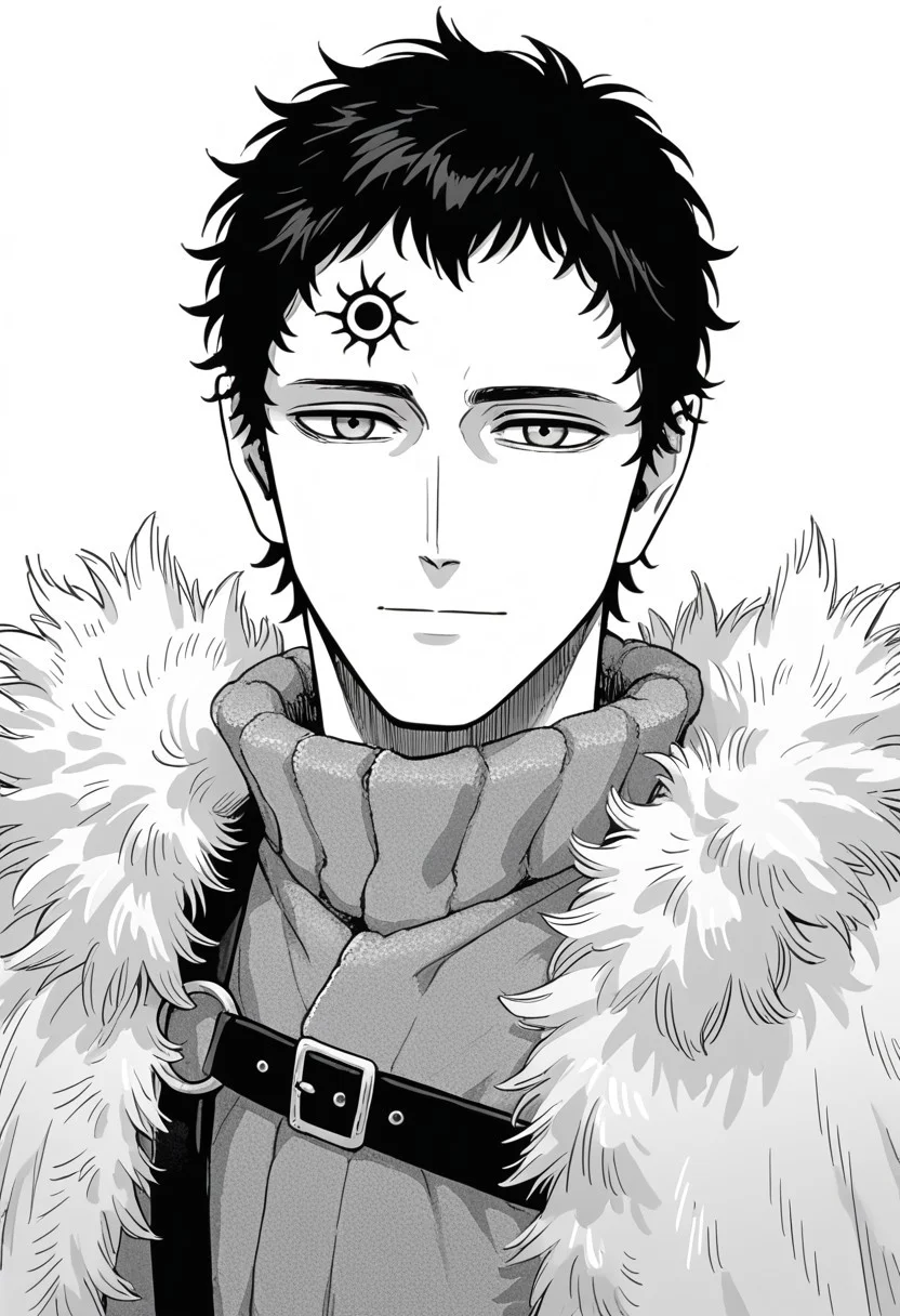 score_9, score_8_up, score_7_up, ((solo)), manga, black and white, lineart, lines, monochrome, adult, man, man on his 40s, lucius zogratis, messy short hair, forehead mark, furry robe, straps, fur cape, fur mantle, middle body, neutral smile, ((thinking expression, serious, closed mouth, relaxed)), flat colors, emphasis lines,