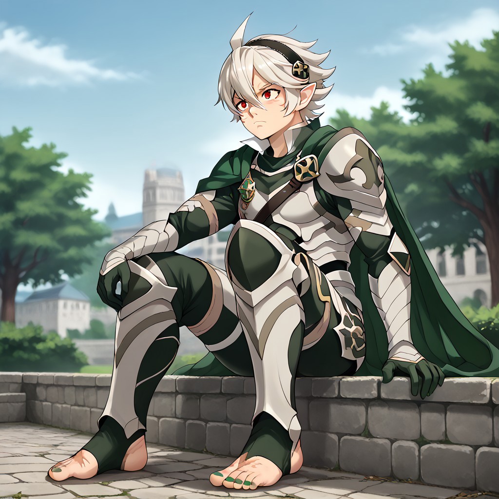 masterpiece, best quality, sharp aliasing, highly detailed, 1male, male body, male,EPfeCorrin, dark green cape, armour, dark green gloves, black pants, wearing pants, outdoors, evening, stone ground, tree, bush, buildings, windy, barefoot, toeless legwear, armoured legwear, armoured arms, shin armour, leg armour, leg and shin armour, shin guards, stirrup legwear, dark green stirrups, 5 toes, Quality, High Definition, Full body view, solo, slimes_sanemi, scar, scars, scar on face, scar on chest, scar on forehead, white hair, muscular, red eyes, slit eyes, pointy ears, sitting, green sword, green toenails, dirty feet, side view, grumpy expression, sitting on ledge