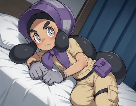 score_9, score_8_up, score_7_up, source_anime,
pokemonhapu, <lora:pokemon-hapu-ponyxl-lora-nochekaiser:1>,
hapu, long hair, black hair, twintails, dark skin, dark-skinned female, grey eyes, thick eyebrows, bright pupils, white pupils,
gloves, short sleeves, belt, black belt, purple headwear, bonnet, grey gloves, jumpsuit,
indoors, bed, bed room, on side, blush, drunk,
looking at viewer, solo, cowboy shot, dutch angle,