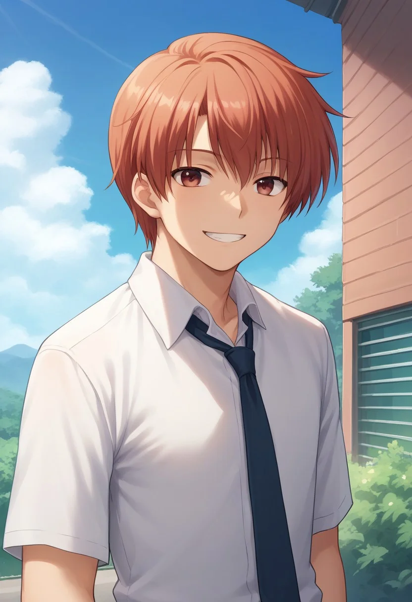 score_9, score_8_up, score_7_up, source_anime, highly detailed,
yuzuru, 1boy, male focus, necktie, solo, sky, open mouth, cloud, day, shirt, outdoors, white shirt, red hair, red eyes, smile, grin,
outdoor, sky, tree,