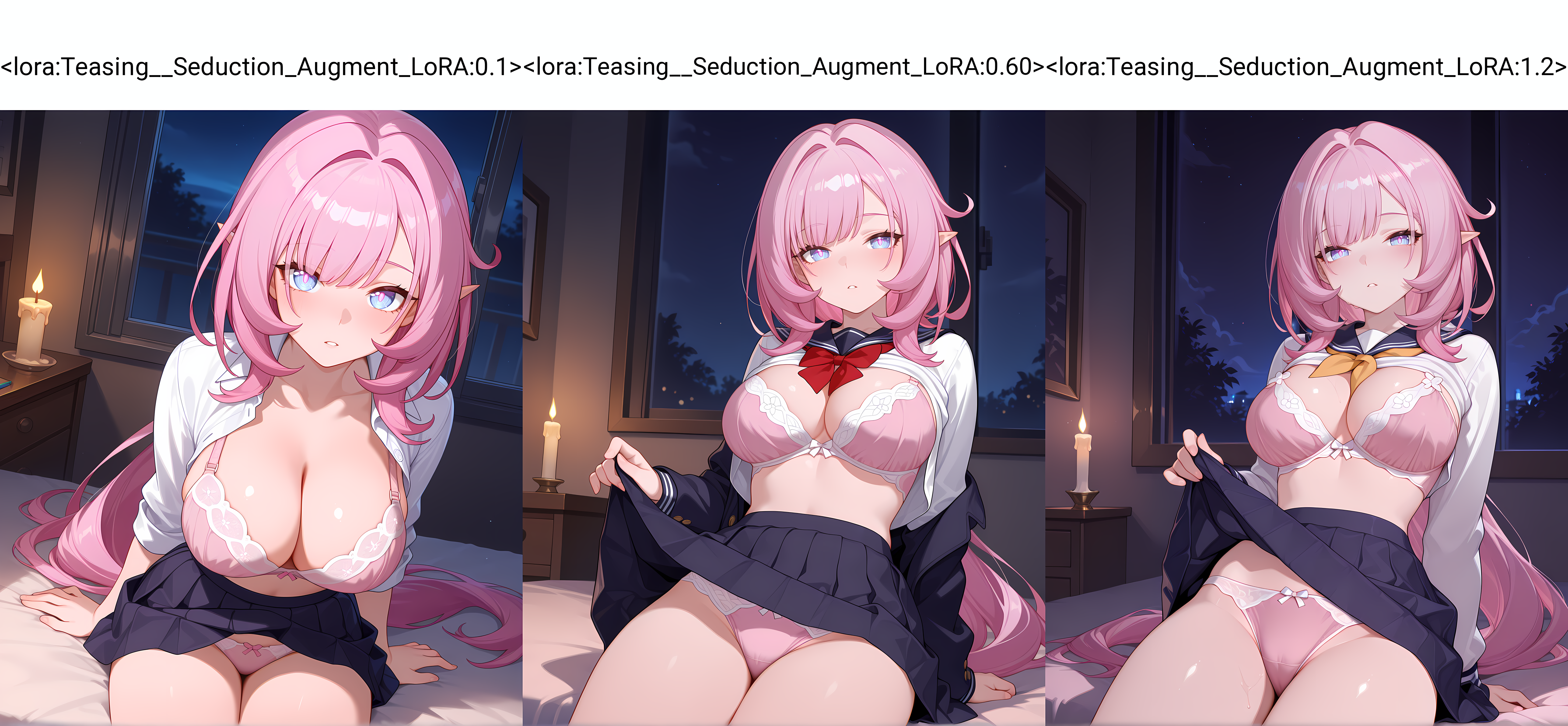 <lora:Teasing__Seduction_Augment_LoRA:0.1>,looking at viewer,solo,elysia \(honkai impact\),parted lips,night,candlelight,bedroom,cowboy shot,sitting,school uniform,panties,bra,, masterpiece,best quality,amazing quality, very aesthetic, absurdres,detailed eyes,ultra-detailed,