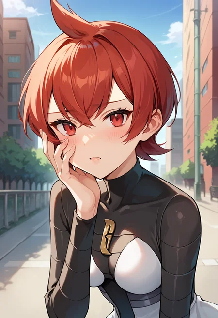 score_9, score_8_up, score_7_up, source_anime, masterpiece, 1girl, red hair, ctianm4rs, bodysuit, short dress, outdoors, city, depth of field, looking at viewer, close-up, blush, hand on face, <lora:Mars_pokemon_pony_ct_version2:1>
