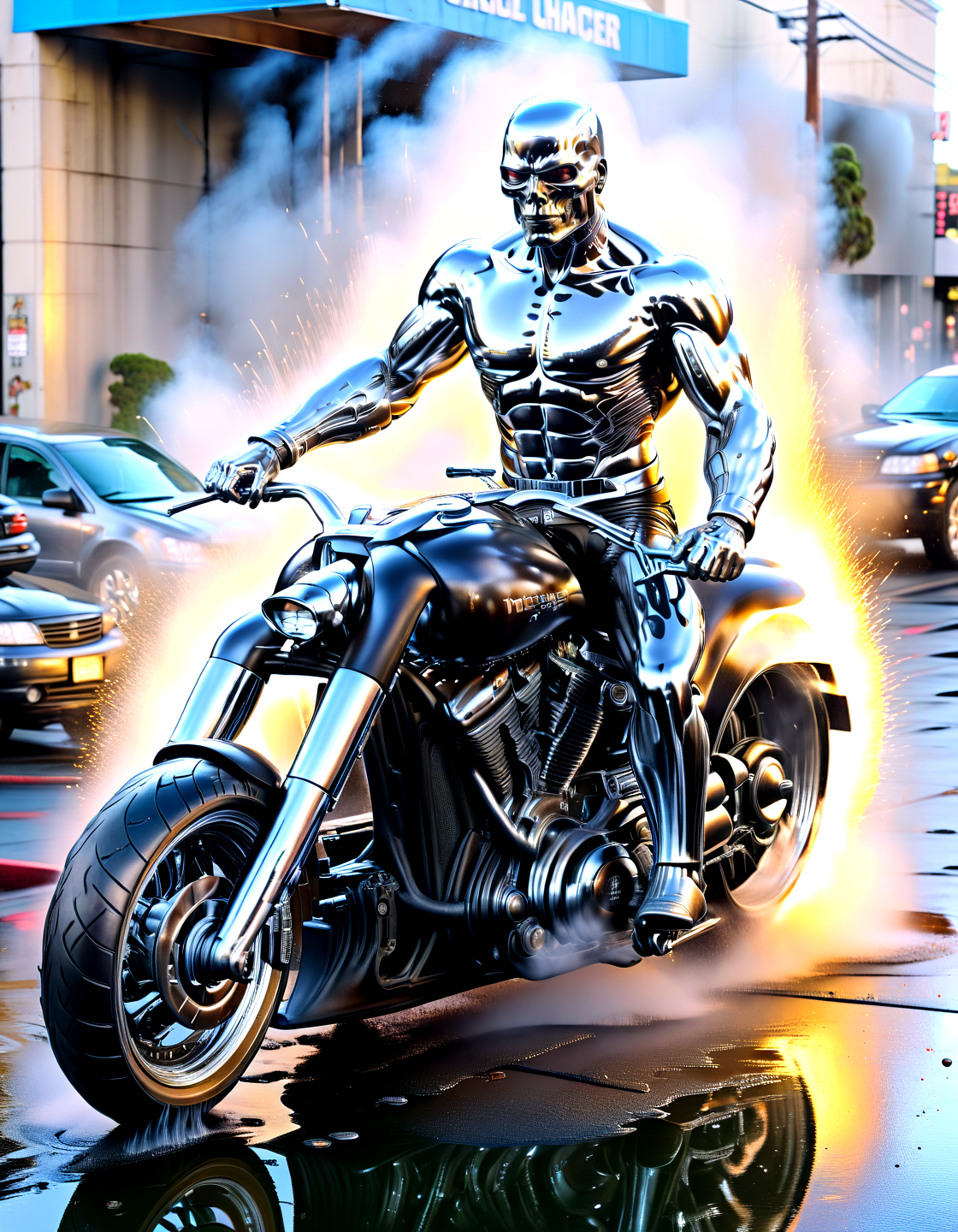 Action Films arnold as t800 terminator chrome skin,in san francisco, polished metal, cable, raining, explosion, smoke, fire, black leather jacket, riding a walz,,, Action Films, often for intense sequences, heroic characters, or adrenaline-fueled excitement.