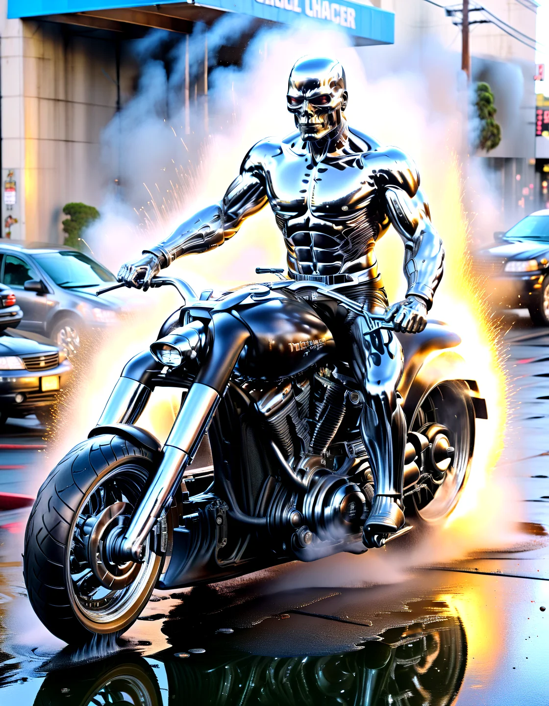 Action Films arnold as t800 terminator chrome skin,in san francisco, polished metal, cable, raining, explosion, smoke, fire, black leather jacket, riding a walz,,, Action Films, often for intense sequences, heroic characters, or adrenaline-fueled excitement.