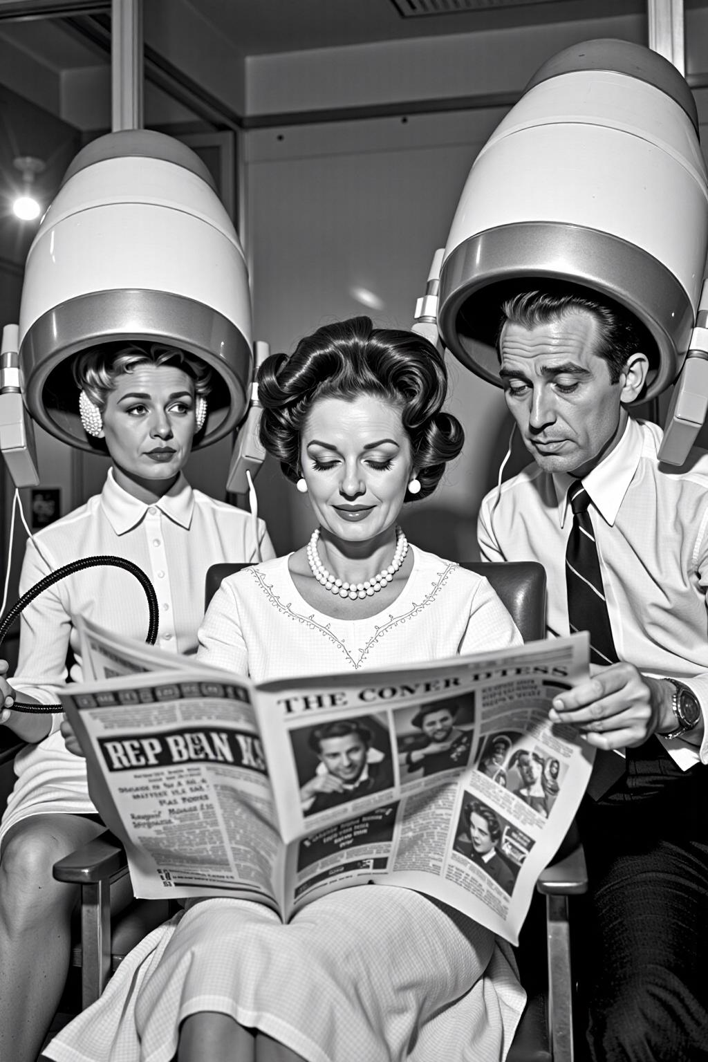 black and white vintage photo of  a woman in a white dress and pearl necklace is seated in a chair, reading a newspaper. She is flanked by two robot heads, each with a large vintage hair dryer on their head. The woman on the left is looking at the newspaper, while the man on the right is looking down at the paper. Both women are wearing large vintage hair dryers on their heads. The women are seated in front of a glass wall, their hair cascading down their shoulders. <lora:vintage_hair_dryer_v1:1.0> <lora:Flux-Sch-SingleBlocks-BF16:1.0><lora:803950215179568843:0>