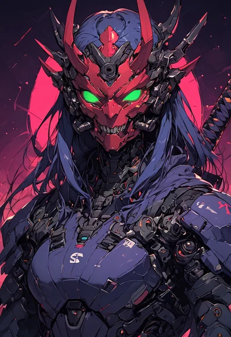 score_9,score_8_up,score_7_up, solo, 1woman, upper body, deep violet armor, simple neon background, occult aura, intimidating aura, no humans, glowing, glowing green eyes, helmet, devil horns, robot, insectoid, mecha, oni-demon, cyberpunk outfit, heavy weaponized, samurai, katana blade, science fiction, cyborg, mechanical parts, humanoid robot, agile, science fiction, sinozick style, flat color, dark theme, cowboy shot, Expressiveh
