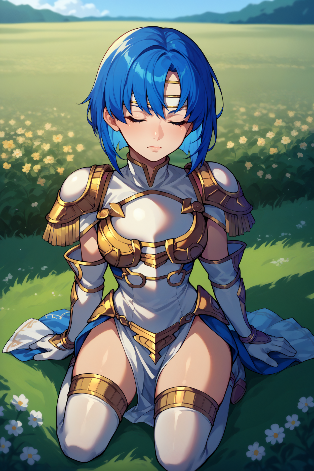 score_9, score_8_up, score_7_up, score_6_up, source_anime, 1girl, solo, <lora:fecatria-pdxl-nvwls-v1-000006:1> vltaCtra, blue hair, medium hair, white headband, gold armor, armored dress, white bodysuit, white pelvic curtain, white gloves, elbow gloves, white thighhighs, kneeling, closed eyes, pensive, rocks, field