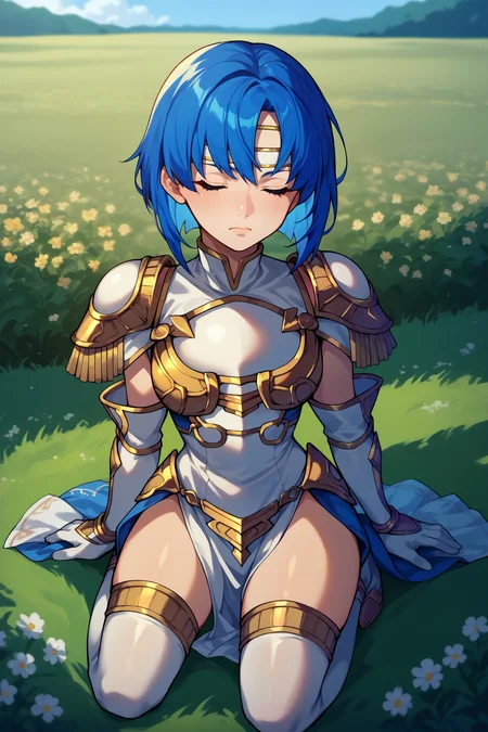 score_9, score_8_up, score_7_up, score_6_up, source_anime, 1girl, solo, <lora:fecatria-pdxl-nvwls-v1-000006:1> vltaCtra, blue hair, medium hair, white headband, gold armor, armored dress, white bodysuit, white pelvic curtain, white gloves, elbow gloves, white thighhighs, kneeling, closed eyes, pensive, rocks, field