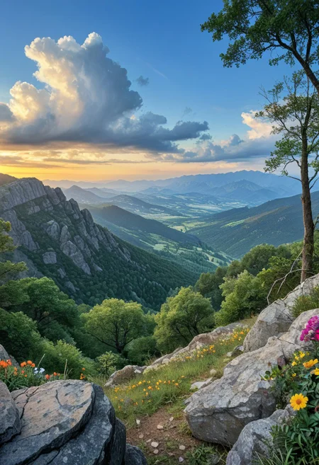 a vibrant colorful photo of a sunset in the rocky mountains
outdoors, Tree, Flower, Location , Scenery , Cloud