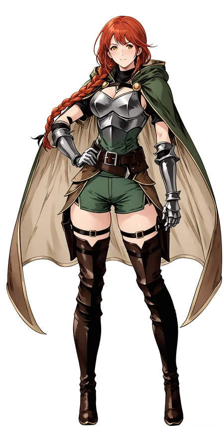 (white_background:1), <lora:akihiko_yoshida_style_pony:0.5>,   <lora:Dropout_FanNoHitori:0.3>,  <lora:granblue_fantasy_style_xl:0.7>,  <lora:hoyo:0.9>, <lora:Tetsuya_Nomura_Style_Pony_SDXL:0.9> Nomura Style, 
score_9, score_8_up, score_7_up, mood lighting,
fullbody shot, seductive_pose, looking at viewer, blush,
<lora:Jenna_Shirai:0.3> Jenna_Shirai JennaCirai, <lora:Jenna_Cirai__Pick_Me_Up__Manhwa:0.4>
femenine, curvy, adult, very aesthetic, shiny skin,
[(red)|orange]_hair, yellow eyes, ((1_(very long_braid))), long hair, 
sluty_hairstyle,
cute_freckles, 
slutty petite busty bombshell,
([thin|narrow])_torso, ([thin|narrow])_arms, wide hips, small waist,
([(big)|bullet]_breasts, (round_breastplate), zettai_ryouiki, brown thighhighs_boots), ((((puffy_nipples)))), 
((ranger_armor)), [o-ring|turtle_neck], green_combat_dress, sex_uniform, long biker_shorts, elbow_gloves, cape, ranger_outfit, hood, brown cloak, belt, (suede long_boots),
hourglass body,  perfect_body, fit, [symetrical|fit]_legs,