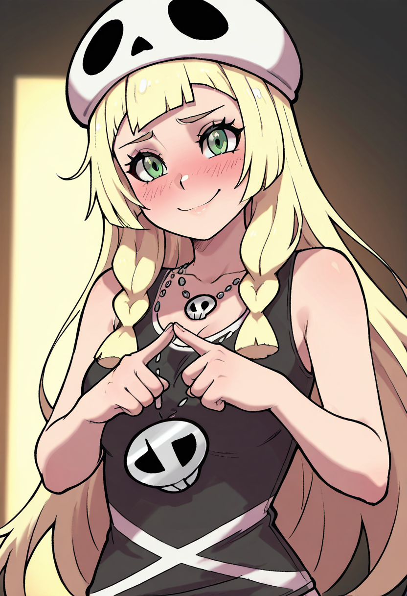 masterpiece, best quality, 1girl, solo, (portrait),    zzSkullLillie, blonde hair, long hair, green eyes, white hat, sleeveless tank top, jewelry, skull necklace, embarrassed smile, shy eyes, flushed cheeks, fidgeting hands, awkward expression, upper body shot, soft lighting â Blushing furiously, zzSkullLillie lowers her gaze with a shy smile, her fingers fidgeting nervously at the hem of her tank top. The soft lighting bathes her in warmth, and her skull necklace gleams gently against her chest, adding to her adorably flustered appearance.  ,dynamic pose, foreshortening,  ,<lora:SkullLillie_IXL:0.8>,